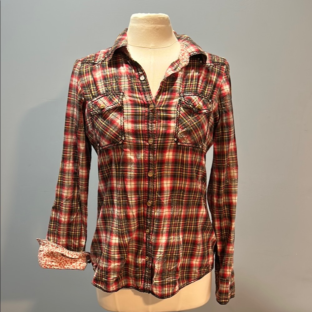 Roar Red and Gray plaid Western Wear Long Sleeve Button Down Shirt